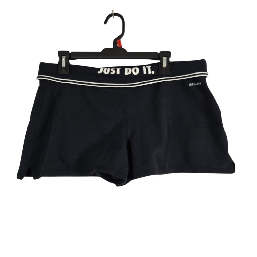 Nike Dri Fit Athletic Shorts Womens Large Black Embroidered Fold Over Waist Knit
